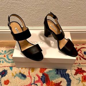 Manolo Blahnik Black Leather Khan Block Heel